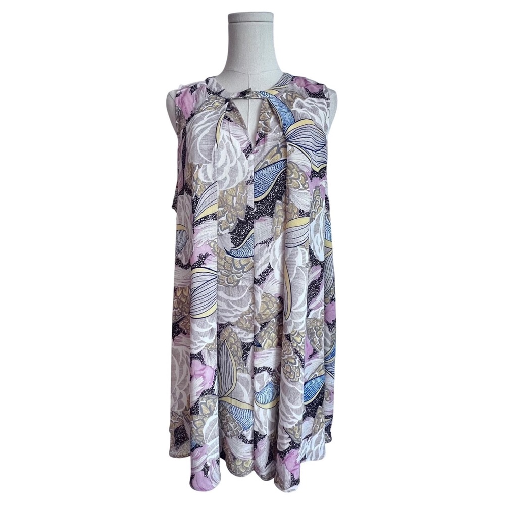 Umgee Womens Abstract Floral Sleeveless Swing Dress Pink Blue Keyhole Neck Large